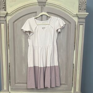 Two-Tone Flutter Sleeve Dress - beige and Light brown